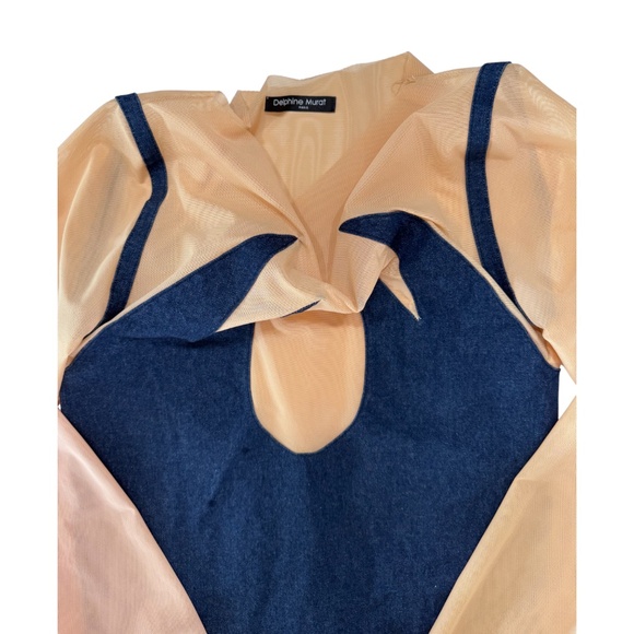 DELPHINE MURAT - VINTAGE FW 2008 - LONG SLEEVELESS -TOP DENIM /TULLE - NUDE/BLUE - Picture 4 of 4